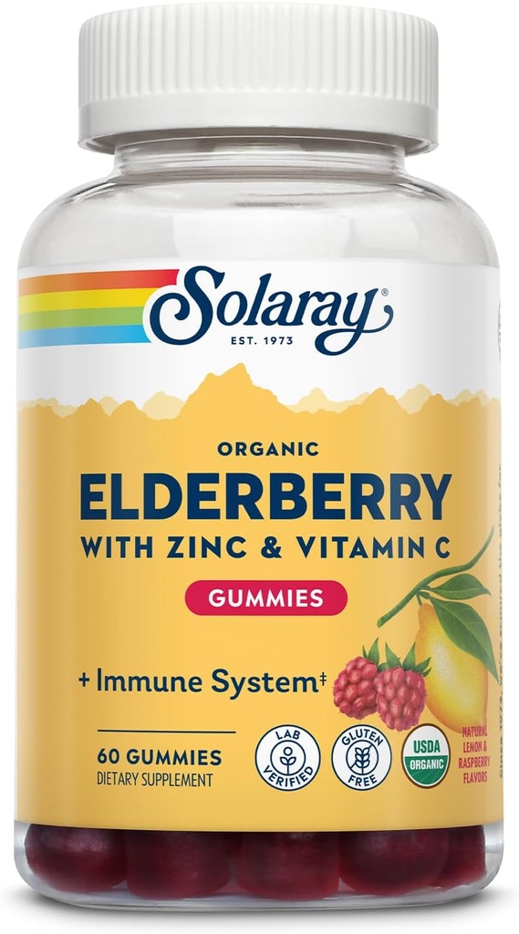 SOLARAY Gummées de mûre aînée biologique avec/zinc et vitamine C. Soutien du système immunitaire sain.