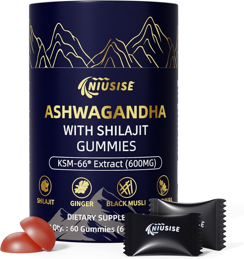 Ashwagandha Gummies avec Shilajit 300mg pour les femmes et les hommes, Zero Sugar Ashwagandha Suppléments avec Maca Root Powder