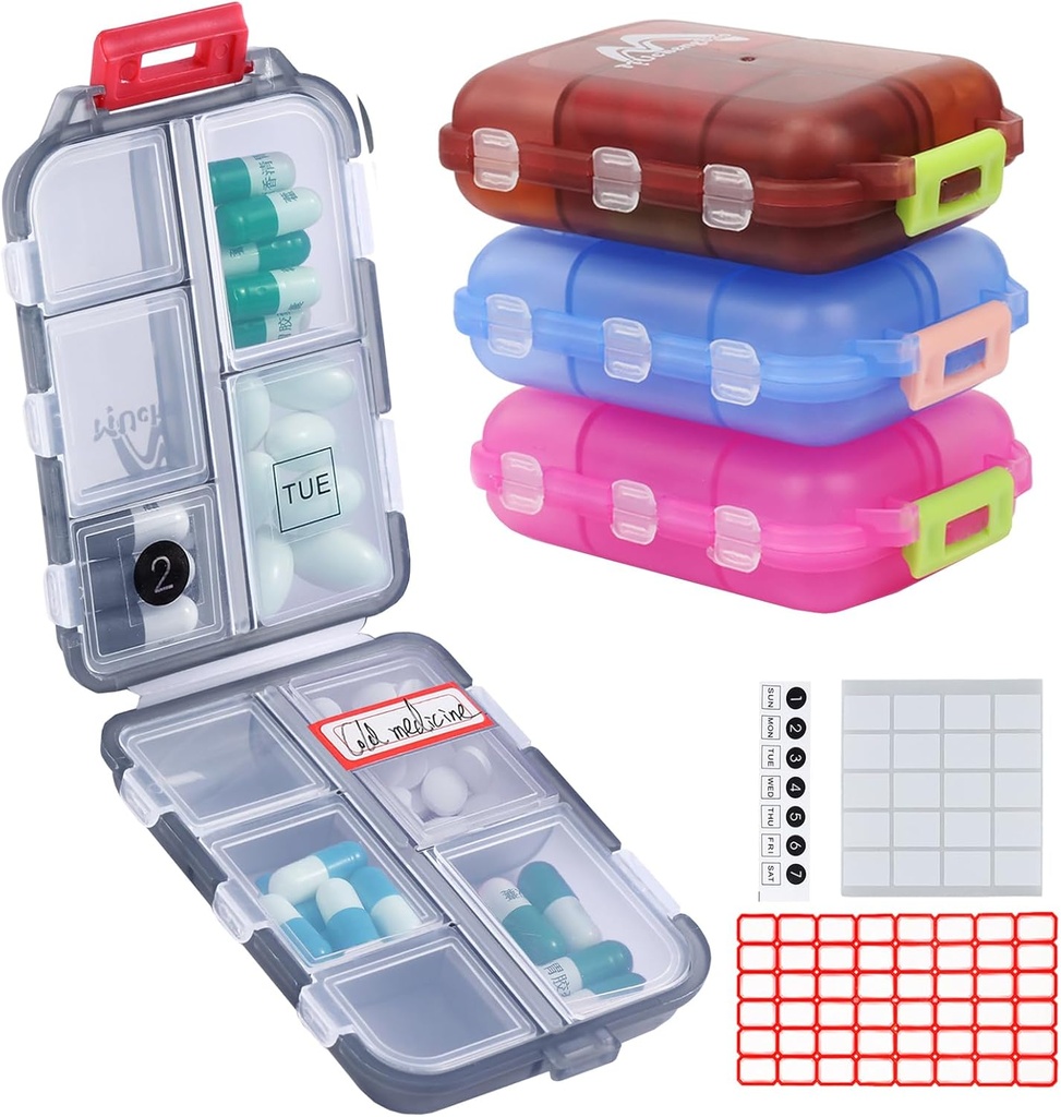 4PS Travel Pill Organizer with 164 Slice Labels,10 Compartiments Travel Pill Box Portable Polding Small Pill Case Daily Pill Conteneur utilisé pour transporter les médicaments Organisateur de M MUchengbao