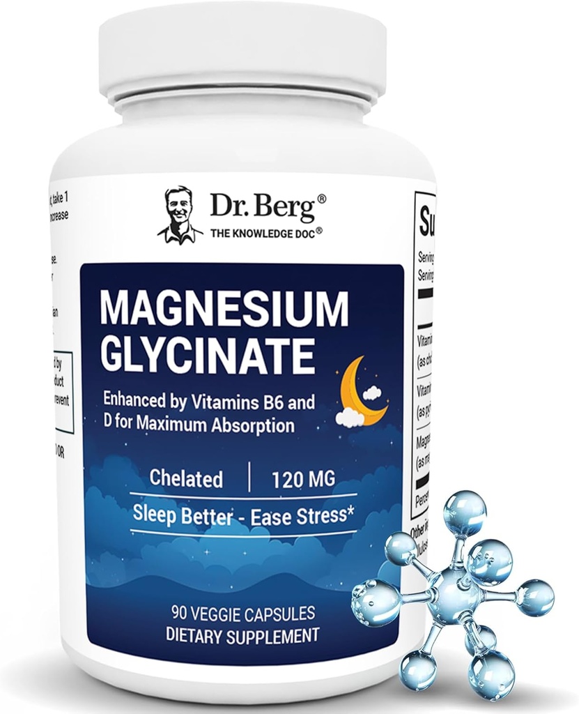 Dr Berg Glycinate de magnésium avec vitamine D et B6 pour soulagement du stress, calme, relaxation et bonne sommeil* - 120 mg Capsules de bisglycinate de magnésium - haute absorption Glycinate chélatée - 90 Cap