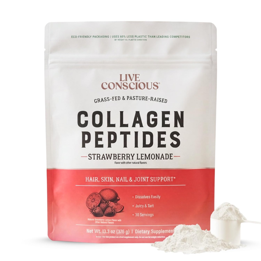 Live Conscious Collagen Peptides Powder - Strawberry Lemonade - Type I & III for Hair, Skin, Nails & Joint Support - Hydrolyzed, Grass-Fed Bovine - Women & Men, 30 Servings - 12.8oz