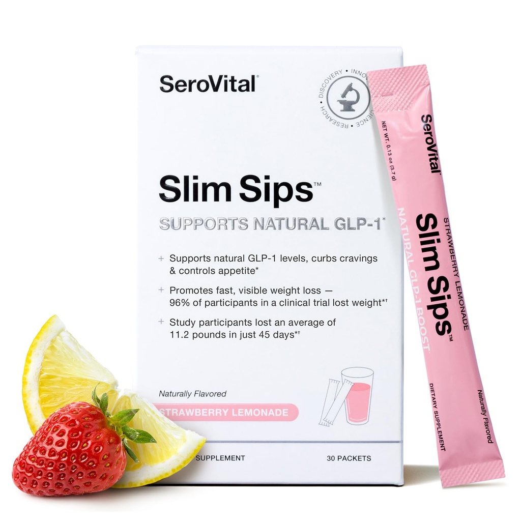Serovital Slim Sips - GLP-1 Support Powder Energy Drink, Metabolic Support, Appetite Control, Natural Energy Boost | Delicious Strawberry Lemonade, 30 Packets