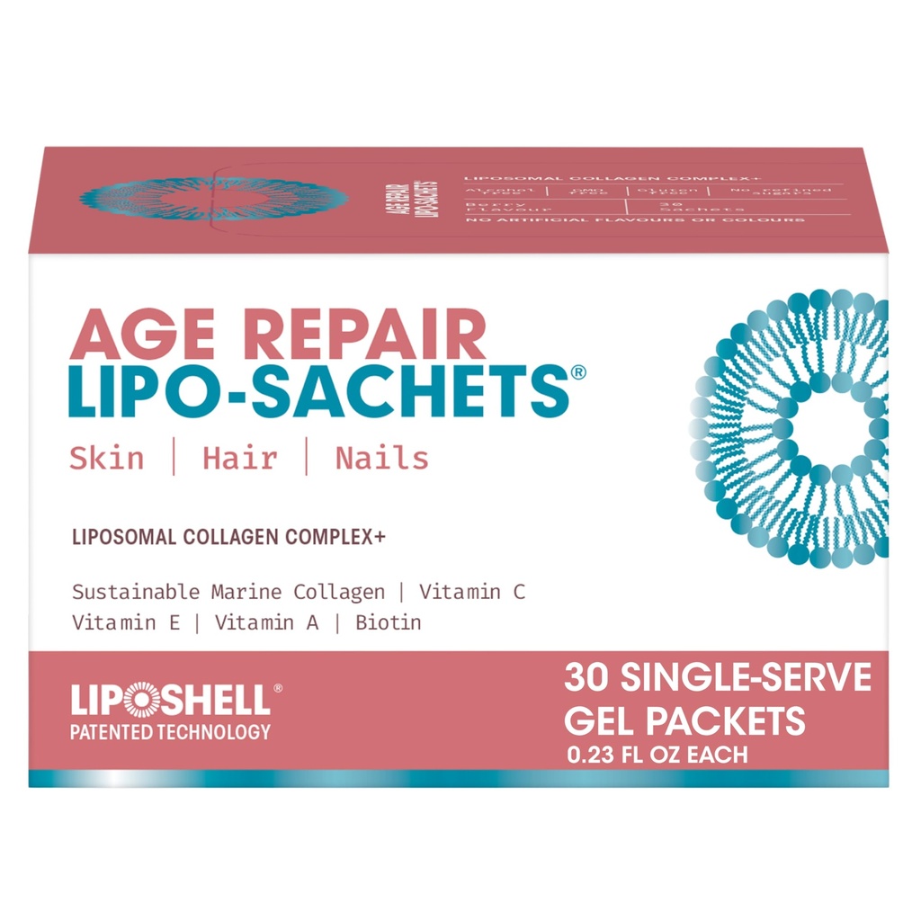 Age Repair Lipo-Sachets Liposomal Marine Collagen Complex Gel Sachets, 30 Single-Serve Liquid Packets, Healthy Aging Support for Skin Firmness, Hair & Nails, High Absorption Biotin, Vitamin C, E & A