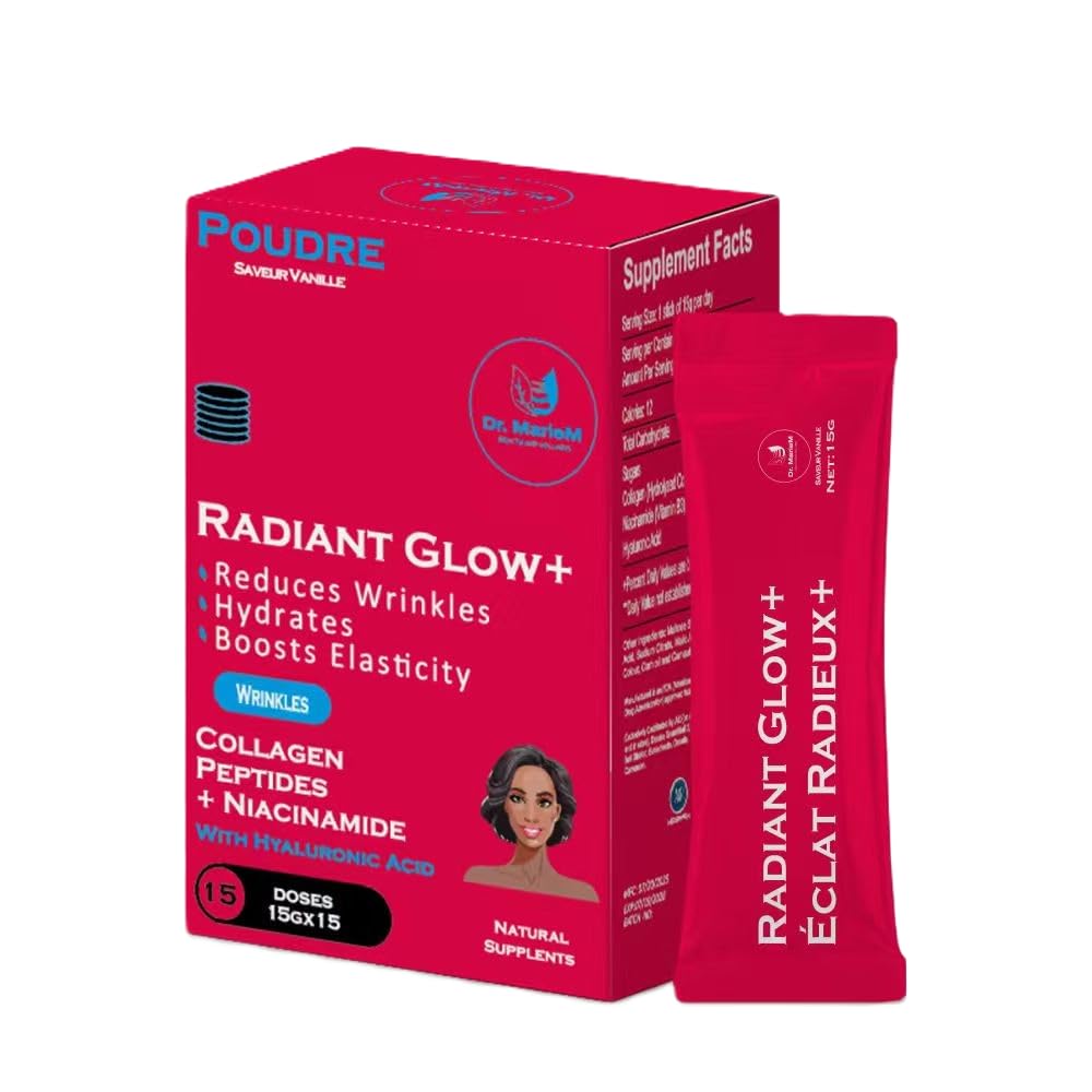 Radiant Glow+ Anti-Aging Powder Supplement – 3.3g Collagen Peptides + 333mg 20mg Niacinamide with HA – Reduces Wrinkles, Hydrates & Boosts Elasticity – Vanilla Flavor – 15 g/Stick