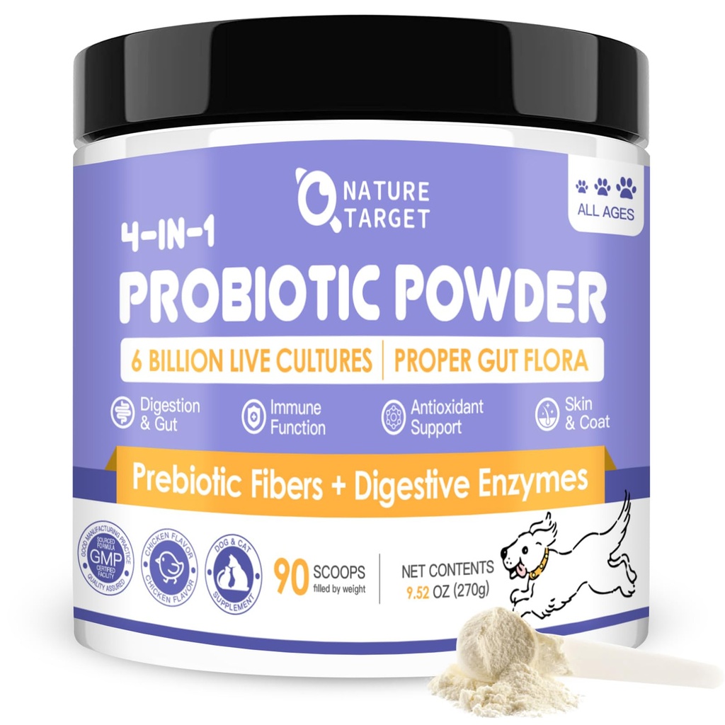 NATURE TARGET Probiotiques pour chiens - Probiotiques pour chiens, plus prébiotiques, enzymes digestives, fibre, Gut de soutien, santé immunitaire, 6 milliards CFU Poudre probiotique pour chiens, soulager la diarrhée, tabouret perdu, 90 scoops