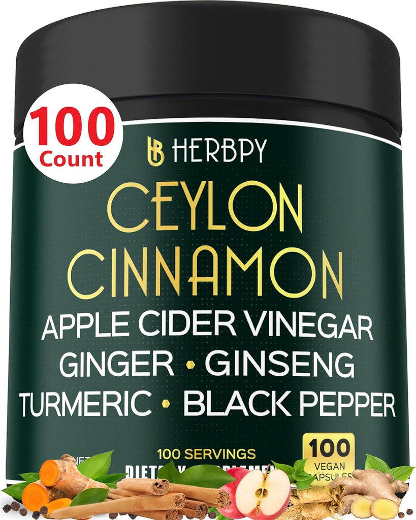 6en1 Premium Ceylan Cinnamon Supplement Plus vinaigre de cidre de pomme, curcuma, gingembre, ginseng - Gestion du poids, digestion - 100 capsules végétaliennes