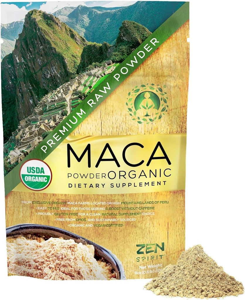 Zen Spirit en poudre de racine de maca biologique - racine péruvienne de qualité supérieure Superfood (Raw) - USDA & Vegan Certifié - 1 sac (8oz) - Parfait pour le petit déjeuner, les smoothies, la cuisson et la crème glacée.