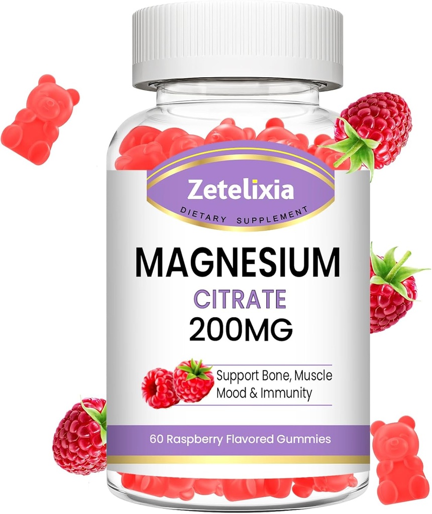 Magnesium Citrate Gummies, High Absorption Magnesium Gummies for Adults, Muscle & Teeth Support, 60 Vegan Natural Raspberry Gummies