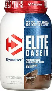 Dymatize Elite Casein Protein Powder, Slow Absorbing with Muscle Building Amino Acids, 100% Micellar Casein, 25g Protein, 5.4g BCAAs & 2.3g Leucine, Helps Overnight Recovery, Rich Chocolate, 2 Pound