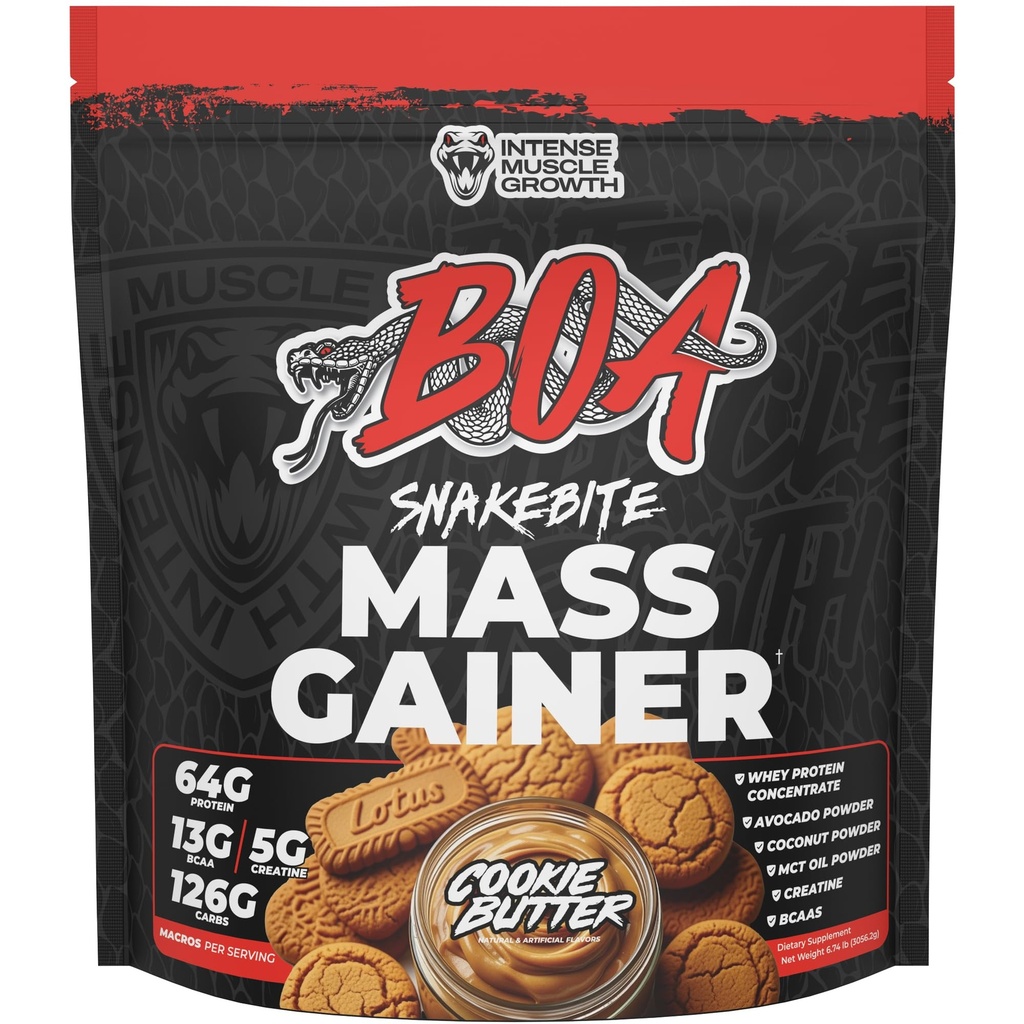 BOA Snakebite Mass Gainer Powder – 64g Protein, 126g Carbs & 5g Creatine Per Serving – High Calorie Weight Gainer for Muscle Growth & Recovery – Chocolate, Vanilla, Cookie Butter (Cookie Butter)