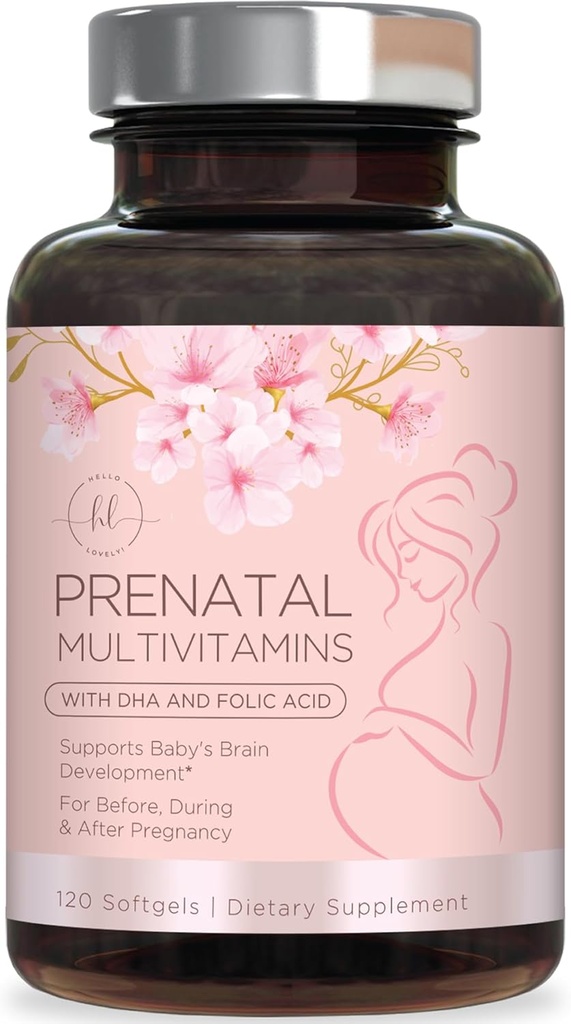 Vitamines prénatales pour les femmes avec acide folique et ADH, Soutien au développement du cerveau foetal avec folate et Oméga 3, Multivitamine avec vitamine A, C, D, B6, B12 et Fer, Supplément grossesse - 120 Softgels