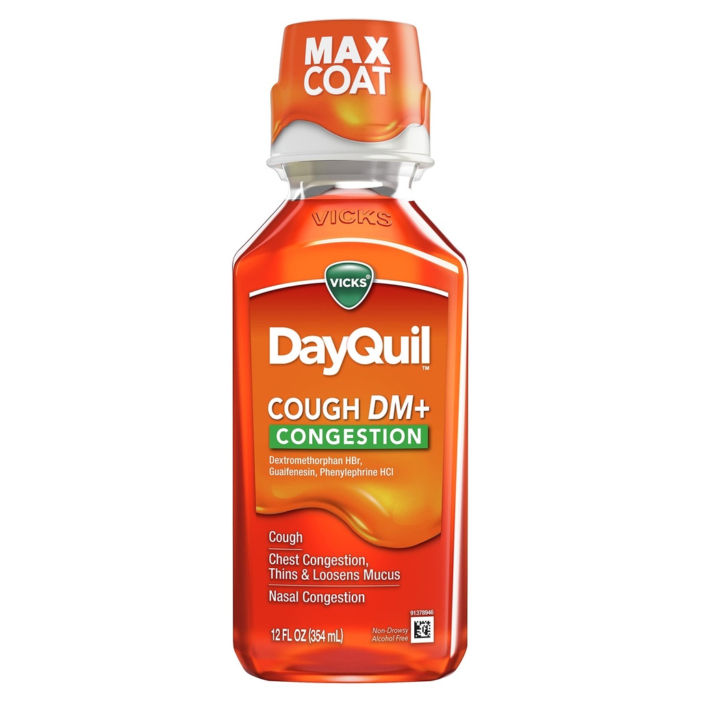 Vicks DayQuil Cough DM+ Congestion Relief Liquid Medicine, Maximum Strength Multi-Symptom Non-Drowsy Daytime Relief for Cough, Chest Congestion, Mucus, and Nasal Congestion, 12 FL OZ