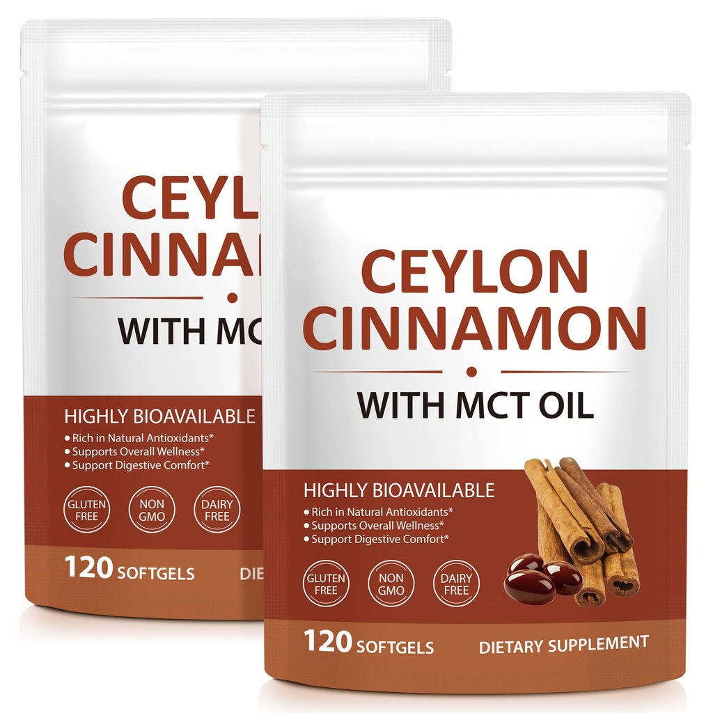 Ceylon Cinnamon Softgels 2 Pack Equivalent with MCT Oil, True Cinnamomum Verum Extract, Highly Bioavailable Daily Herbal Supplement, Non-GMO & Gluten Free, 120 Softgels