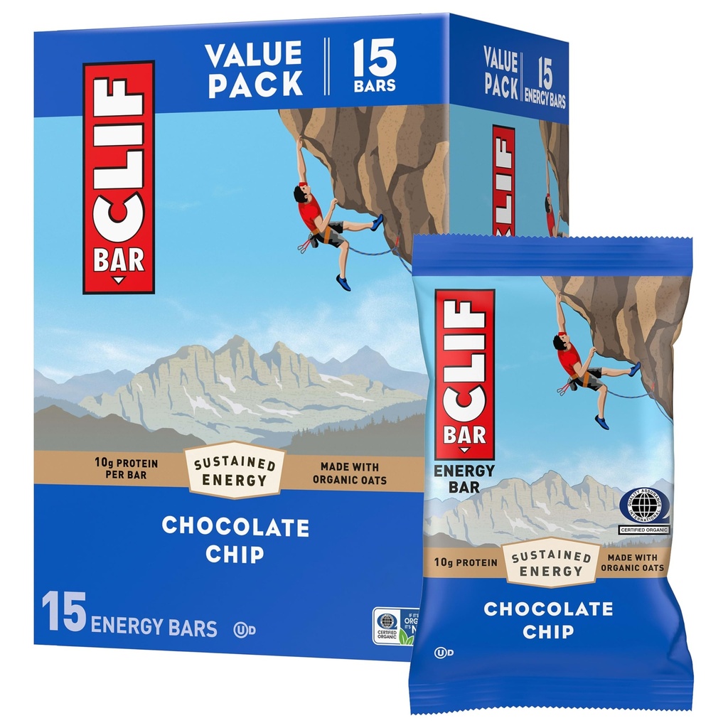 BAR CLIF - Barres de protéines énergétiques - Chips de chocolat - Fabriqué avec de l'avoine biologique - Barres énergétiques - Non-OGM - (15 Pack)