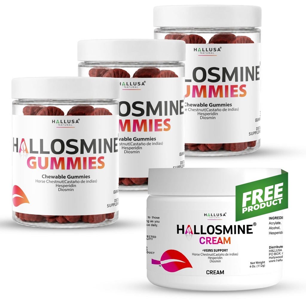 Hallusa Natural Hallosmine Gummies Circulation & Vein Support with Diosmin, Hesperidin, Beet Root, Gotu Kola & Horse Chestnut + Free Leg Cream 4 oz | 90 Chewable Gummies, 400 mg per Serving