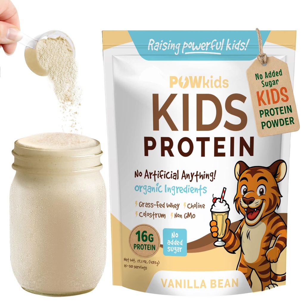 Kids Protein Shake Powder 16g – No Added Sugar, Organic Ingredients, Grass-Fed Whey Proteins – Calcium & Choline for Bone Strength & Brain Development, Protein Shake – Vanilla