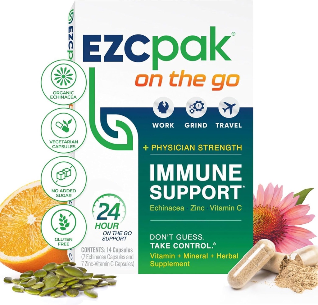 EZC Pak On The Go Immune System Booster avec Echinacea, Vitamine C, Zinc, Supplément de soutien immunitaire, Vitamines d'immunité pour les adultes, Emballage voyage-friendly, Végétarien, Sans gluten