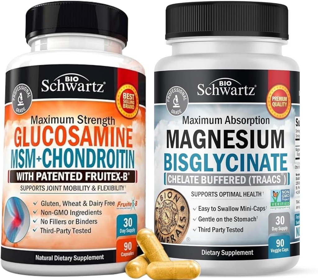 High Absorption Magnesium Bisglycinate Capsules (1 Month Supply) Plus Glucosamine Chondroitin MSM Triple Strength Joint Support Supplement (1 Month Supply)
