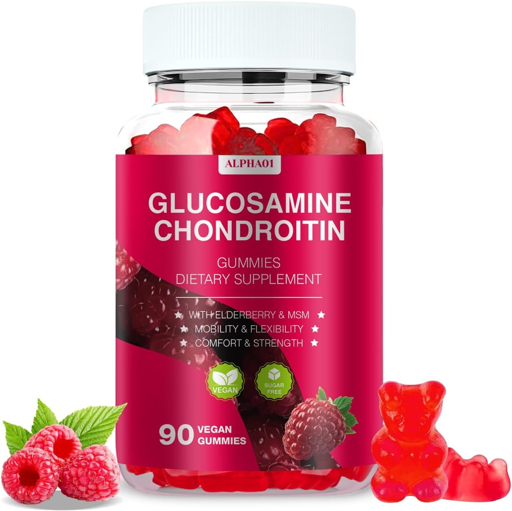 Glucosamine Chondroïtine Gommies - Supplément de soutien mixte extra-fort de 3000MG avec MSM & Elderberry, Flexibilité, Antioxydant Immune Gommy Support pour adultes, hommes et femmes - 90 Gommies de framboises