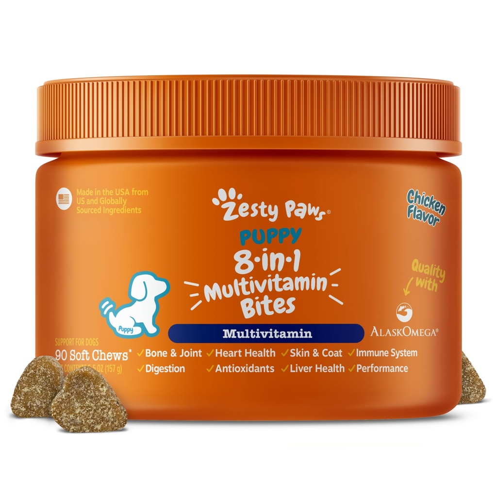 Zesty Paws Dog Multivitamine, Vitamines de chien à croquer et suppléments pour la hanche et les articulations, la peau et le manteau, Omega 3 Huile de poisson pour chiens- Puppy Multivitamine - Puppy Bites- 90ct