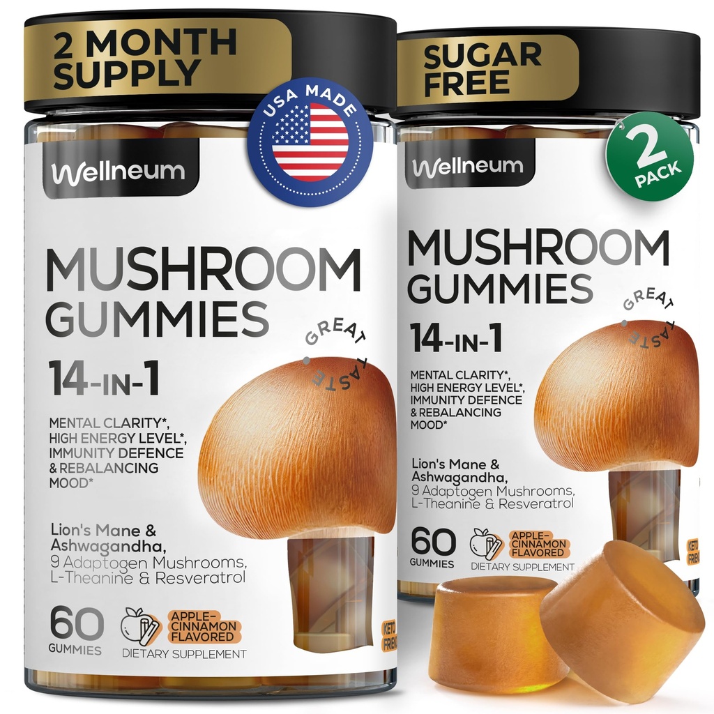 Gommies de champignons 5000 Mg 120 Pcs (2 Pack) - Lion's Mane et 9 Mélange de champignons adaptogènes - Ashwagandha, L-Theanine - Gommies de champignons pour l'énergie, l'immunité, la concentration, le cerveau boost - Pas de sucre et d'OGM