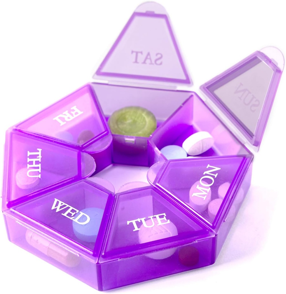 Deke Home - Organisateur de petites pilules hebdomadaires, Distributeur de pilules rondes pour les voyages, Mini Organisateur de pilules, Porte-médicaments compacts, Trieurs de pilules 7 jours, Récipient de vitamine portable, Sans BPA (Niveau alimentaire)