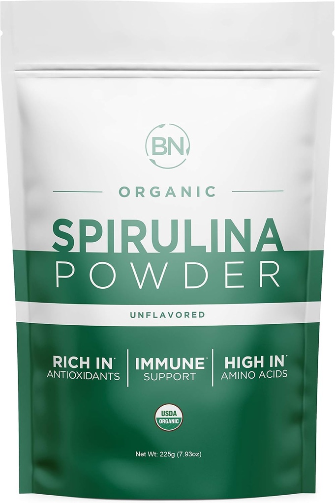 Poudre de spiruline biologique 225g - 64 portions 3,5g Taille de la portion - USDA Certifié - Sens nutritif RAW Plus de 70% Protéines par portion - Protéines végétales pures - Superfood