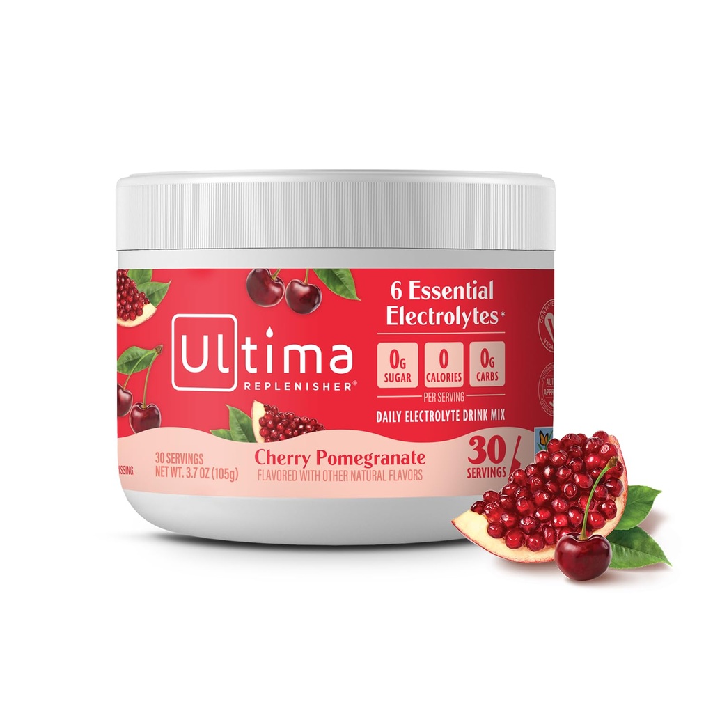 Ultima Replenisher Mélange quotidien de poudre d'électrolyte – sans sucre – grenade à cerise, 30 portions – poudre d'hydratation avec 6 électrolytes et minéraux traces – Keto Friendly, Vegan, Non-OGM