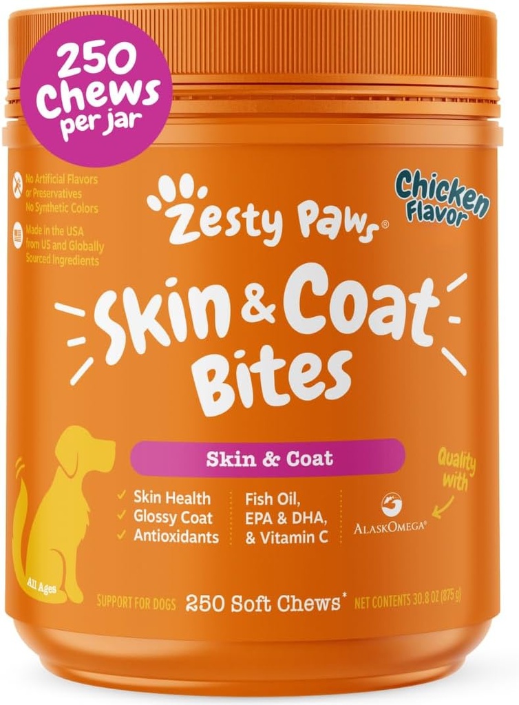 Zesty Paws Omega 3 Huile de poisson pour chiens - Zesty Paw Vitamines et suppléments pour la hanche, l'articulation et la peau, poulet (250 Chews)