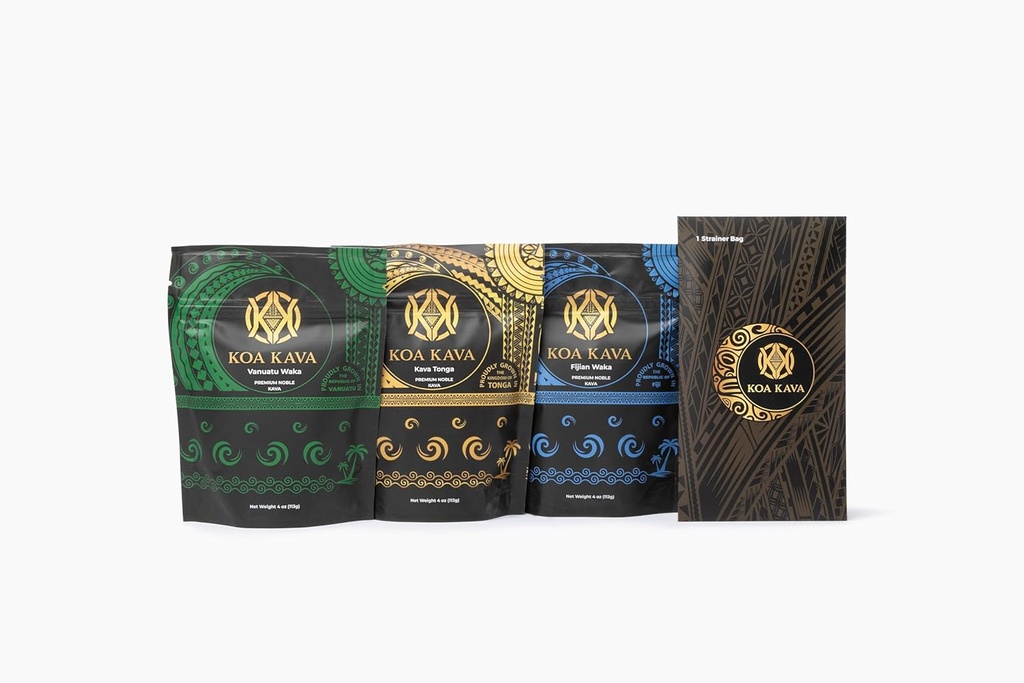 Kit d'échantillons de Koa Kava Premium: moyenne granulés Tongan, Vanuatu Waka et Fidjian Waka Kava poudre