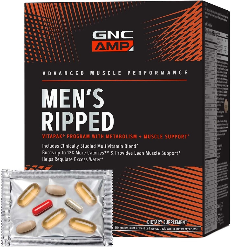 GNC AMP Men’s Ripped Vitapak Program, 4 in 1 Product Vitamin Pack, Metabolism & Lean Muscle Tone, Burn Calories, Water Shedding, Adult Multivitamin, Caffeine, CLA, Proven Ingredients, 30-Day Supply