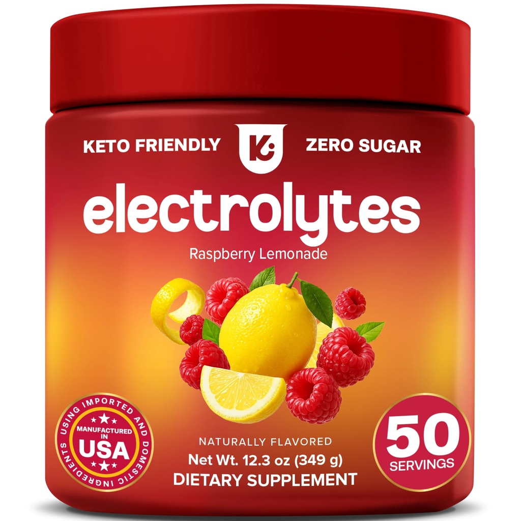 Poudre d'électrolytes de Keppi – Lémonade framboise Saveur 50 portions – Pas de supplément d'hydratation de sucre avec Magnésium, Potassium, Sodium – Keto, Vegan, Apéritif à jeun, Boissons électrolytiques Zéro calories