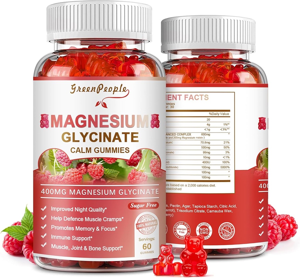 GREENPEOPLE Glycinate de magnésium 400mg - Supplément de potassium de magnésium sans sucre avec le malate de magnésium, vitamine D, B6 et CoQ10 pour le soutien et le sommeil calme pour les adultes - Gummées de framboises