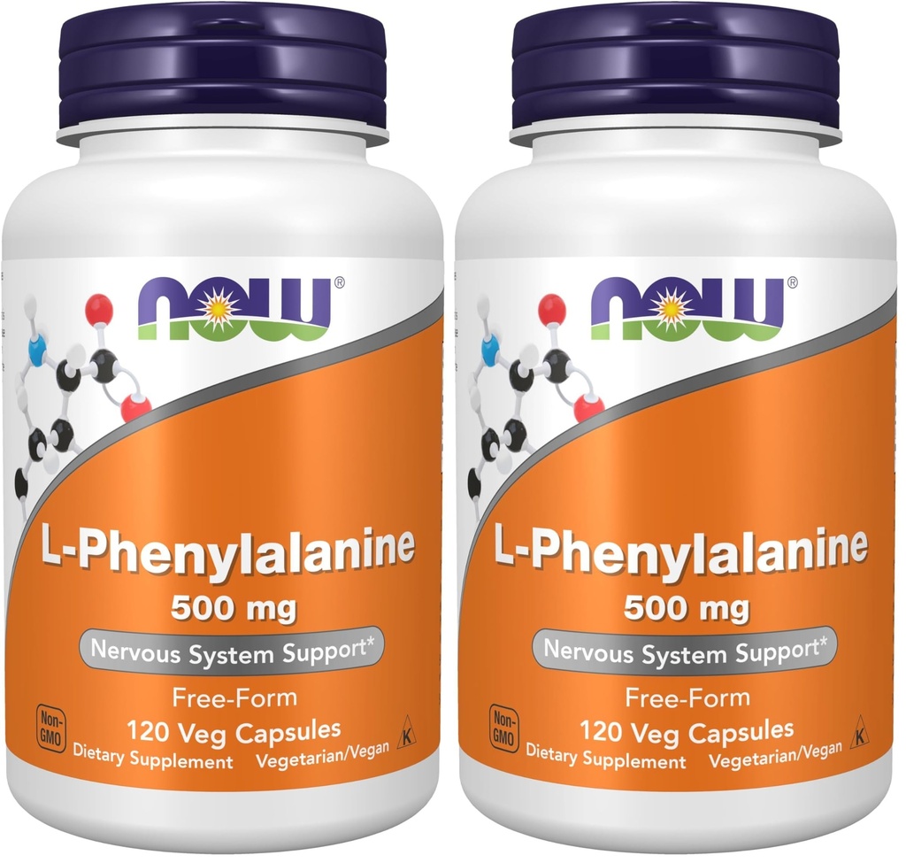 NOW Foods Supplements, L-Phenylalanine 500 mg, Nervous System Support*, Amino Acid, 120 Veg Capsules, (Pack of 2)
