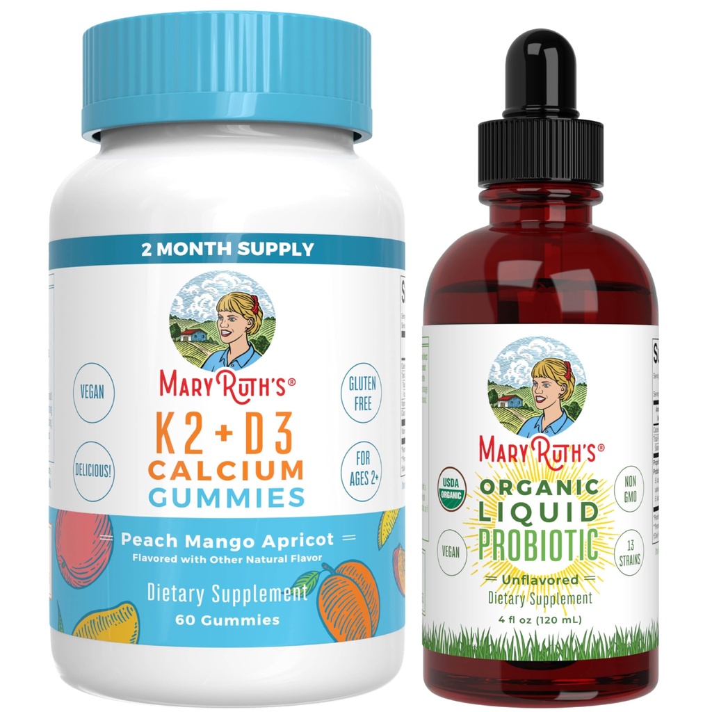 MaryRuth's Vitamine K2+D3 Gummies (Peach Mango & Apricot) & USDA Bio Probiotic Drops (Drops) Clean Label Project Vérified®.