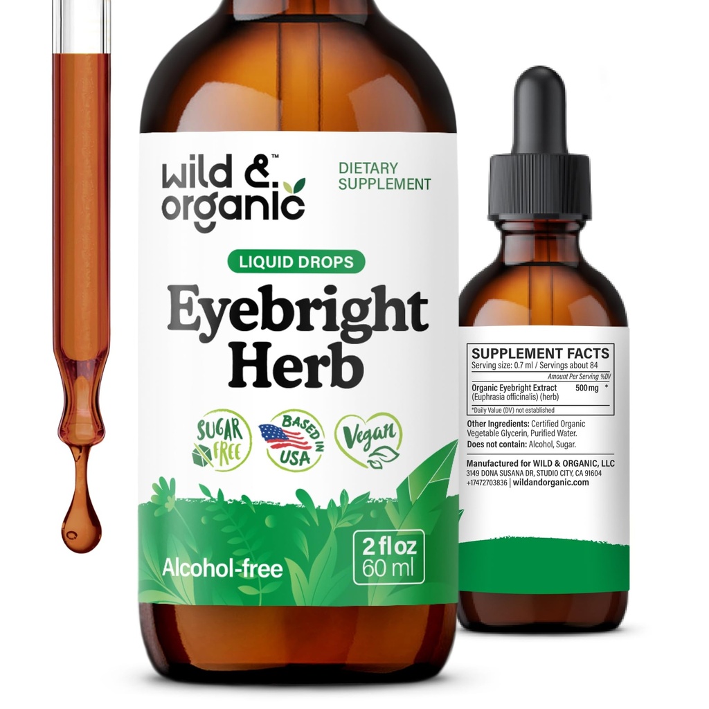 Wild & Organic Eyebright Herb Tincture - Eye Support with Eyebright Supplement - Dietary Euphrasia Extract Liquid Drops - Vegan, Sugar Alcohol-Free - 2 fl oz