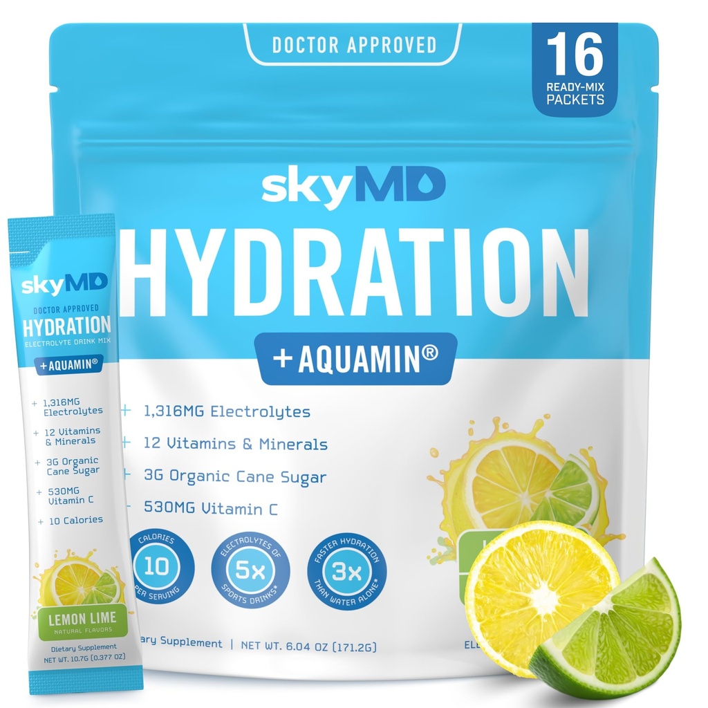 skyMD Daily Hydration | Electrolytes Powder Packets | Low Sugar, Sodium, 10 Calories | 12 Vitamins & Minerals | Drink Mix for Energy and Recovery | Lemon Lime | 16 Sticks