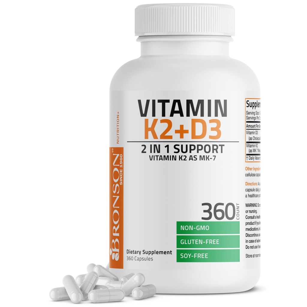 Bronson Vitamine K2 (MK7) avec supplément D3 Formule non-OGM 5000 UI Vitamine D3 & 90 mcg K2 MK-7 Complexe D & K facile à avaler, 360 capsules
