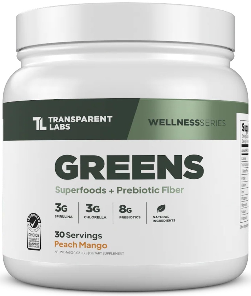 Labos transparents Verts prébiotiques - Superfood poudre et antioxydants supplément avec spiruline biologique, Chloerra, Acacia et poudre de banane verte - 30 portions, pêche Mangue