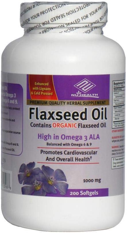 Organic Flaxseed Oil 1000 mg 200 Counts High in Omega 3 ALA