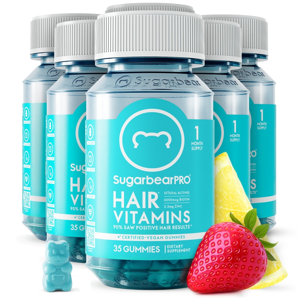 SugarBearPro Hair Vitamin Gummy 6 Month Supply Extra Strength Biotin 6000mcg, Growth for Men & Women, Vegan Vitamin B12, MSM, Inositol, Omega 3, Elderberry, Certified Kosher, Halal, Cruelty-Free