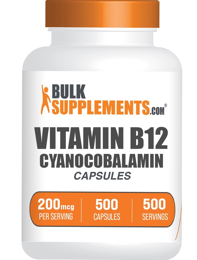 BulkSupplements.com Capsules de vitamine B12 - comme cyanocobalamine, supplément de vitamine B, vitamine B12 200 mcg - Vitamines énergétiques, sans gluten, 1 Capsule par portion, 500 Capsules (paquet de 1)