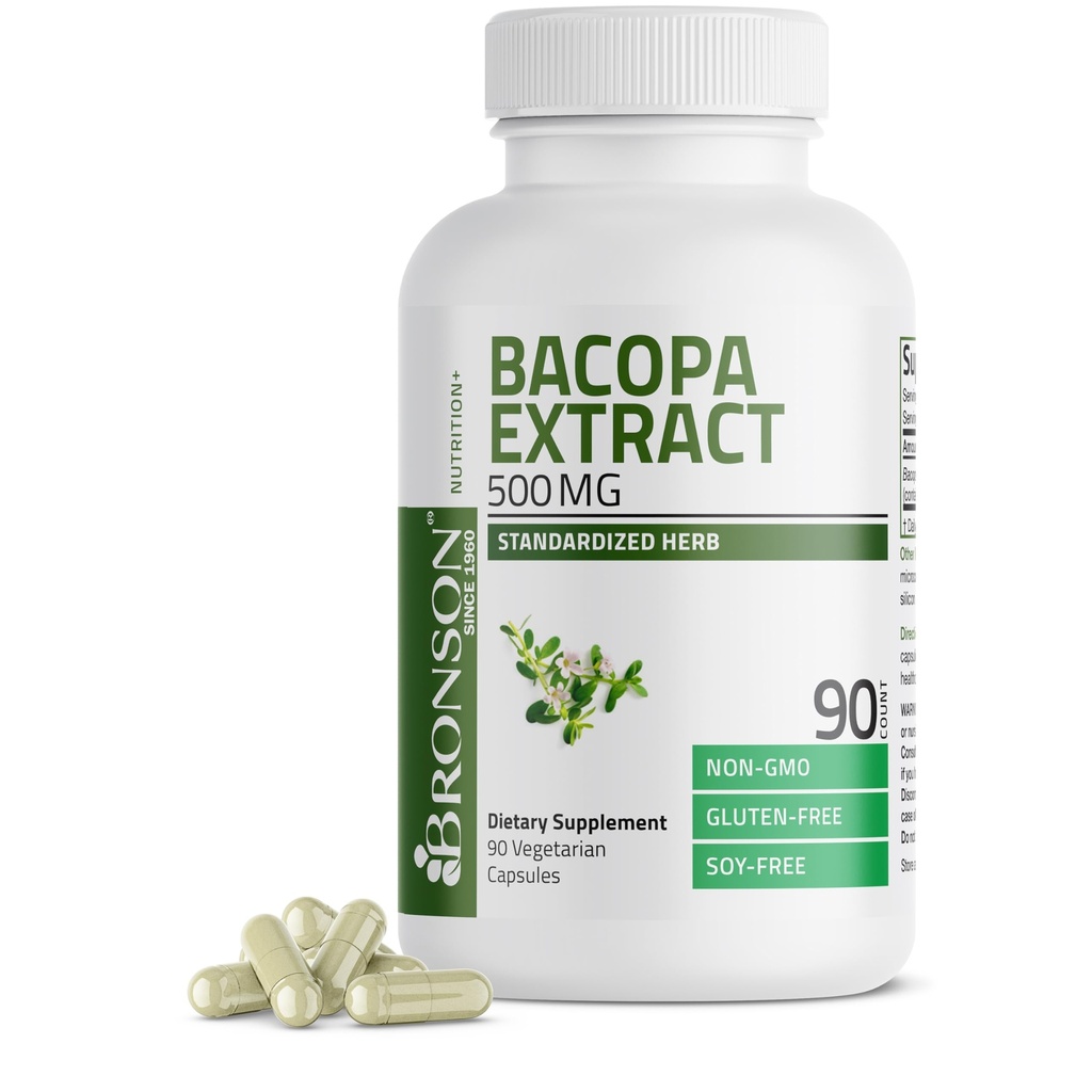 Bronson Bacopa Monnieri Extract 500 mg - favorise la clarté mentale et la fonction cérébrale - non OGM, 90 capsules végétariennes