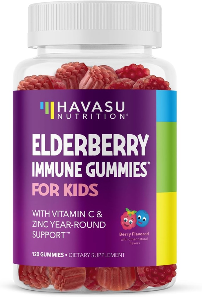 Gummies de mûre pour les enfants avec du zinc et de la vitamine C - Supplément de soutien immunitaire pour les enfants - 120 Comte, Vegan, Berry Flavor - Défense quotidienne pratique avec des antioxydants et des nutriments essentiels