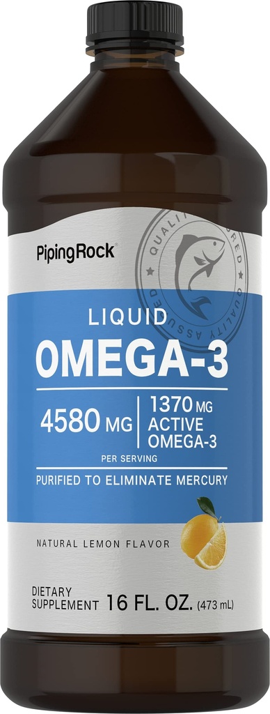 Piping Rock Omega 3 huile de poisson supplément liquide , 16 Fl Oz , sans mercure , sans citron , sans parfum , 1370 mg Omega actif 3 , pour les hommes et les femmes , sans gluten