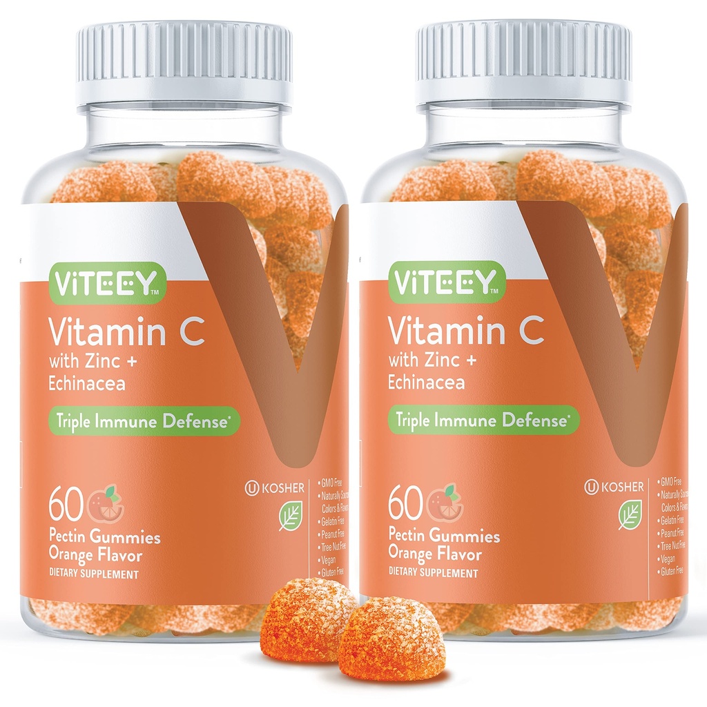 Viteey Vitamin C Gummies for Adults & Teens with Zinc & Echinacea-120 Count | Immune Support Gummies - Immune Booster - Vegan, Gelatin Free, Gluten Free, GMO Free-Tasty Vitamin C Chewable Orange Flavored
