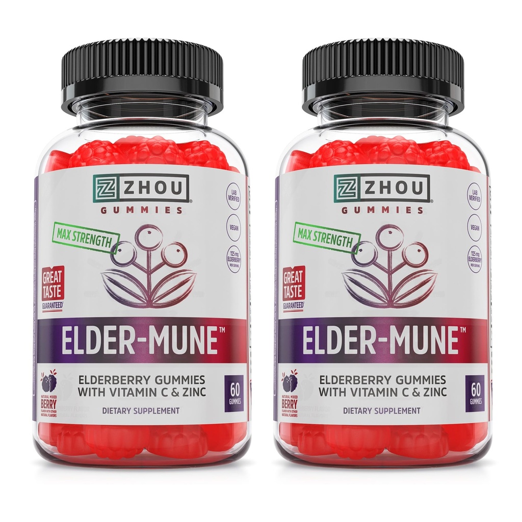 ZHOU Elder-Mune Elderberry Gummies - Black Elderberry, Vitamin C, & Zinc, Daily Immune Support Supplement for Women & Men, Natural Chews for Adults & Children 4 & Up - 60 Gummies (2 Pack)