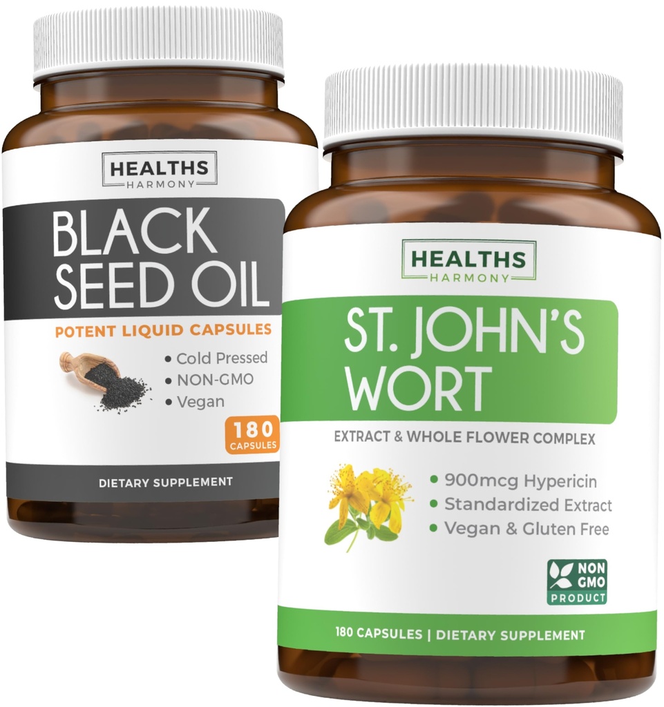 Huile de graines noires et millepertuis (3 mois d'approvisionnement) Harmony Essence Ensemble d'huile de graines noires (180 capsules) Nigella Sativa pressée à froid et millepertuis (180 capsules) avec hypericine puissante 900mcg