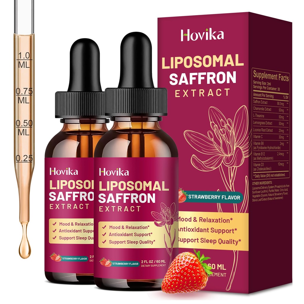 2 Pack Liposomal Saffron Supplements - 88.5mg Saffron Extract Liquid Drops with L-Theanine, Chamomile, Vitamin C, B6, B12 & D3 for Antioxidant, Immune, Mood, Energy, Focus & Sleep - Strawberry Flavor