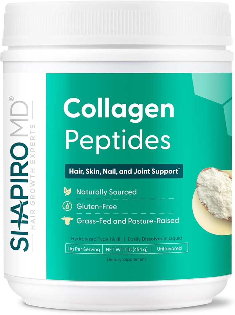 Shapiro MD Experts de croissance capillaire Collagène Peptides Poudre, Collagène Poudre Supplément pour cheveux, peau, ongles et soutien articulaire, I & III Collagène hydrolysé pour absorption facile, 11g Collagène - 16 oz.